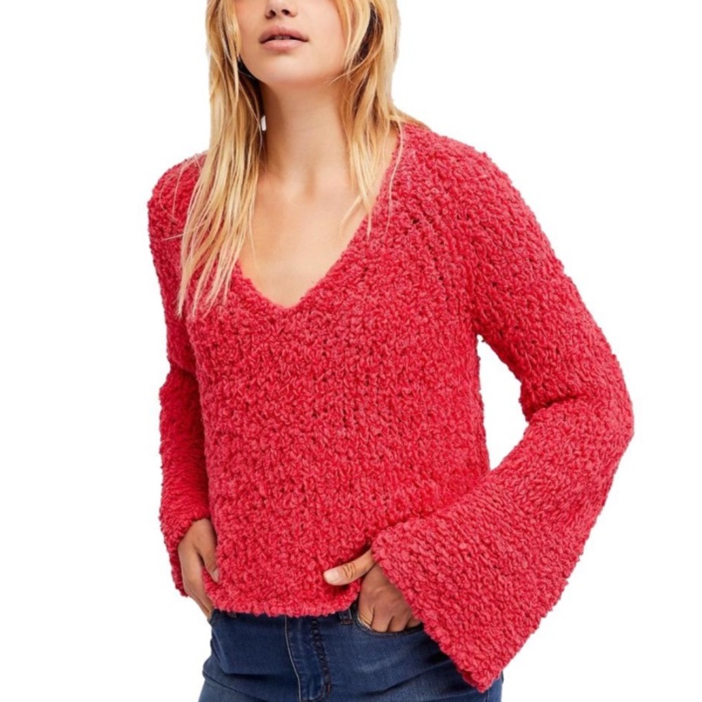 Free People•Bell Sleeve Chunky Knit V-Neck Sweater•NWT - Picture 2 of 7